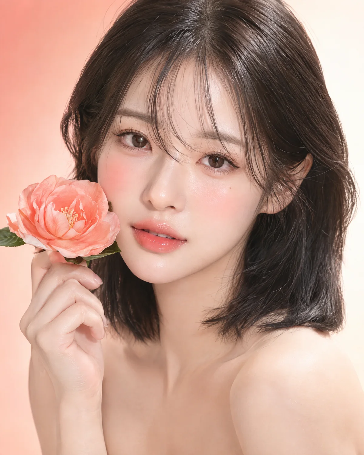 A model holding a coral camellia, with luminous skin in soft coral light
