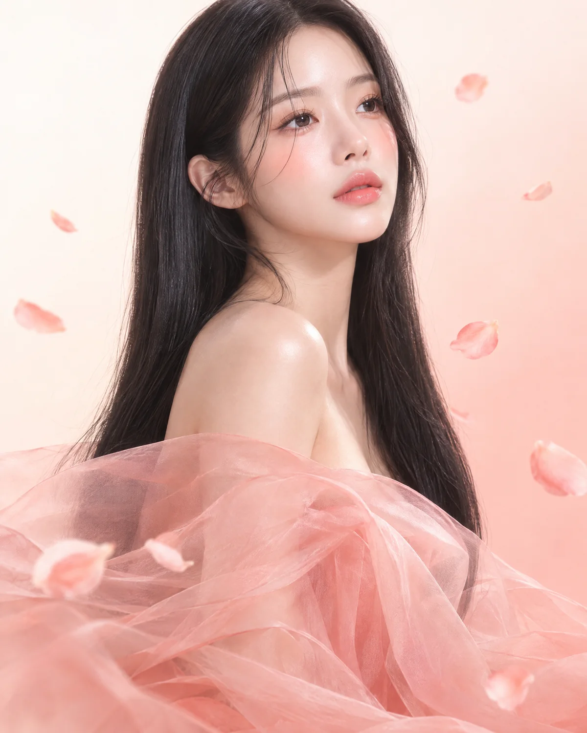 A model with luminous skin among drifting camellia petals